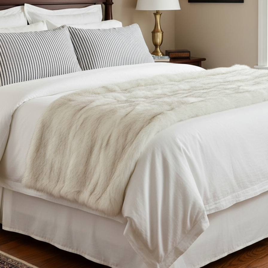Neatly made bed with white bedding and striped pillows in a bedroom setting.