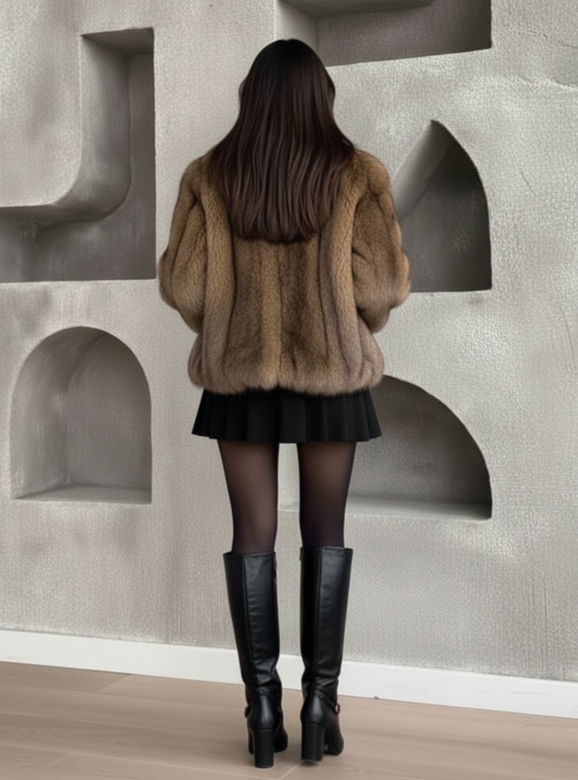 Person wearing a fur coat and black boots standing in front of a textured wall.