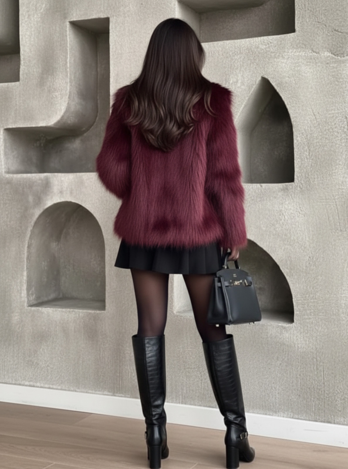 Person wearing a burgundy fur coat and black knee-high boots against a textured wall.