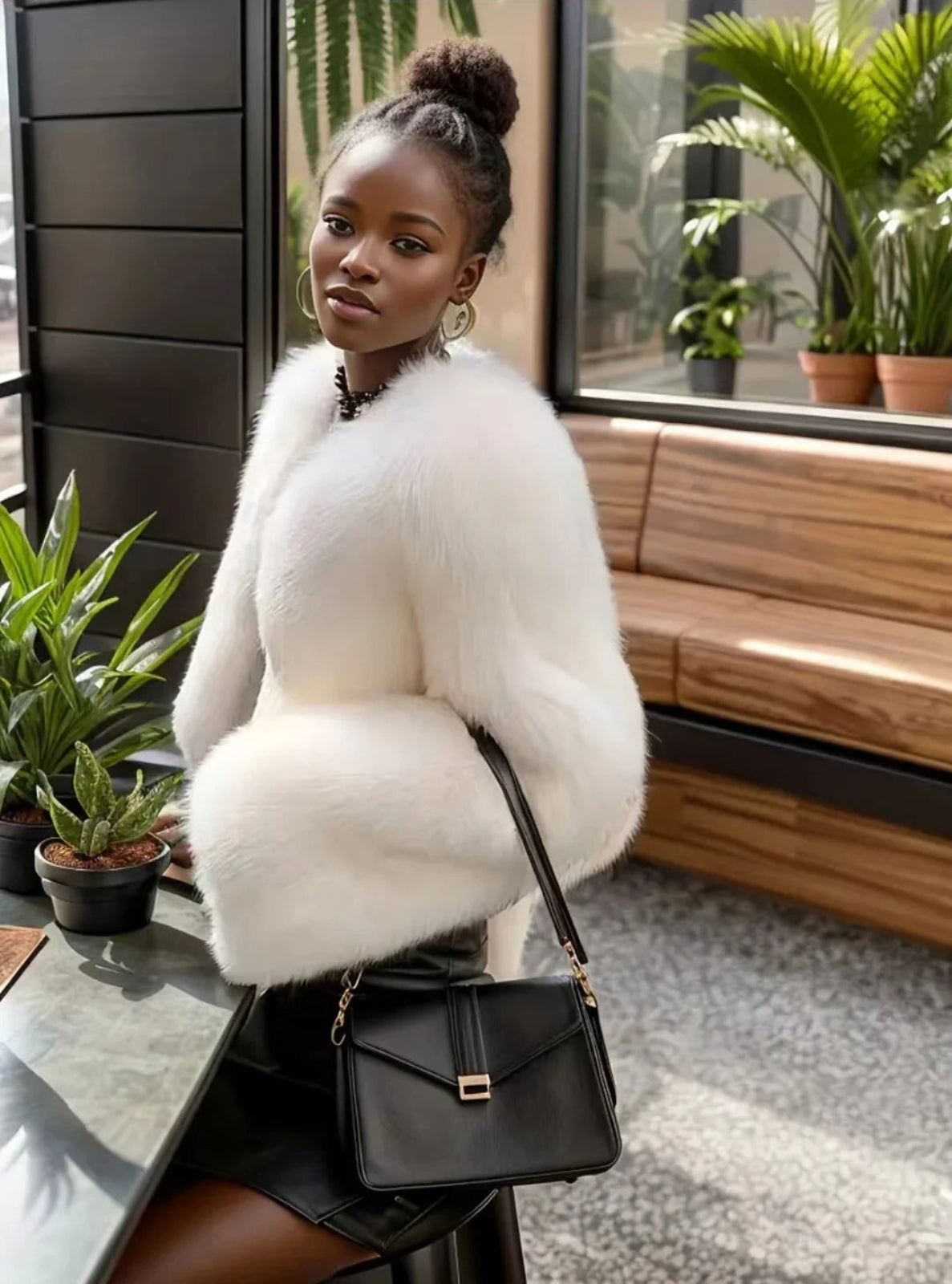 Woman in a white fur coat holding a black handbag in an indoor setting with plants.