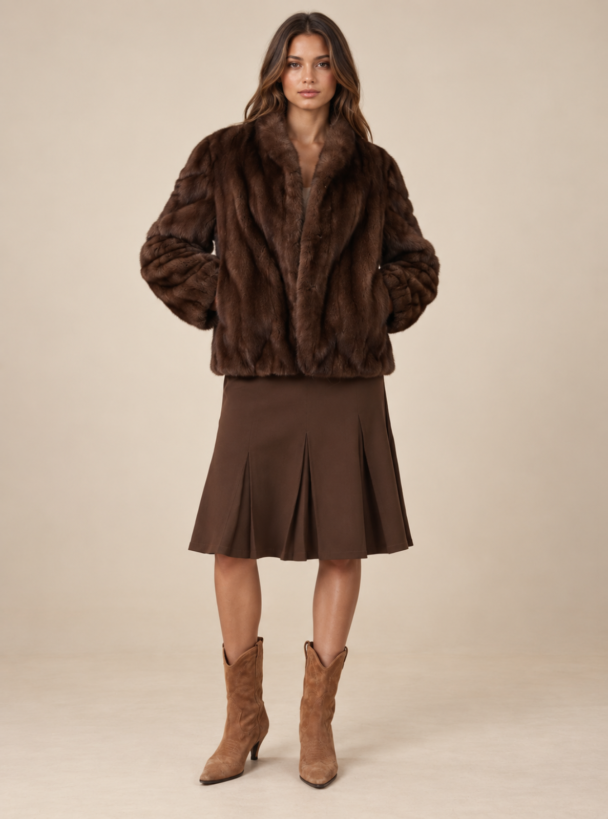 A woman stands against a plain beige studio background wearing a dark brown faux-fur jacket, a matching brown pleated skirt, and tan ankle boots.