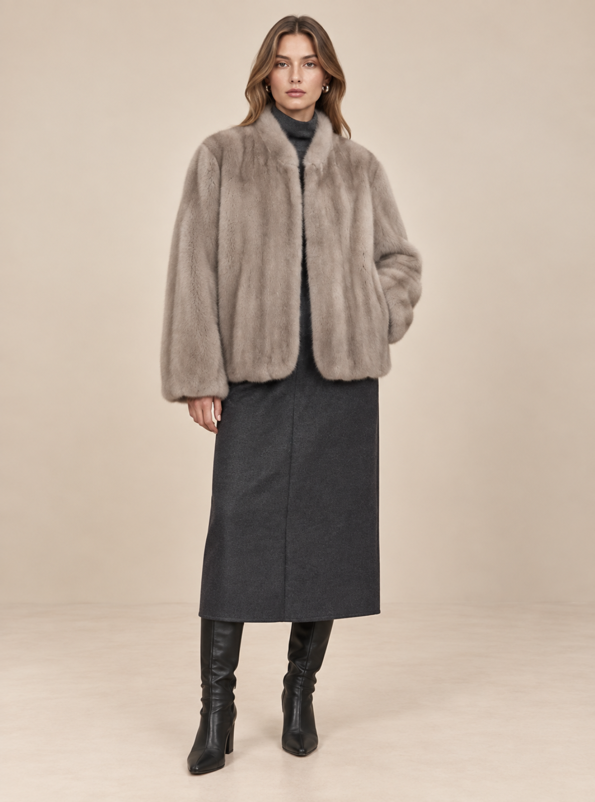 A model stands against a plain beige studio background wearing a light taupe faux fur jacket over a black turtleneck, a dark charcoal midi skirt, and black knee-high boots.