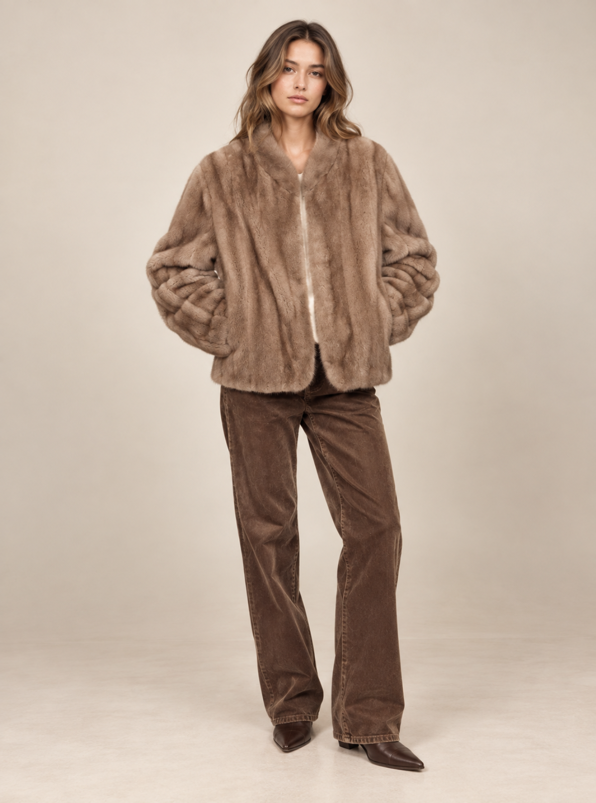 A model stands against a plain beige studio background wearing a cropped brown faux fur jacket with a shawl collar, brown corduroy pants, and dark brown pointed-toe boots.