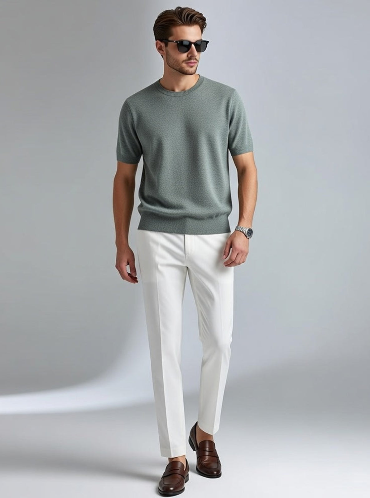 Man wearing a green sweater, white pants, and brown shoes on a gray background