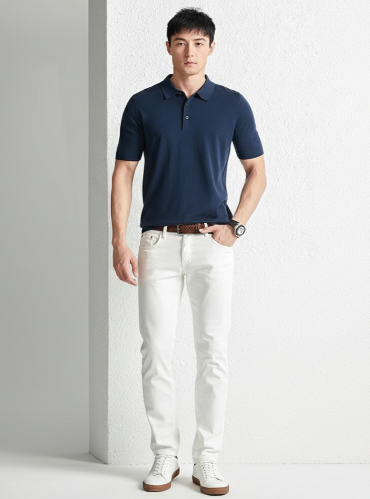Man wearing a navy polo shirt and white pants against a light gray background