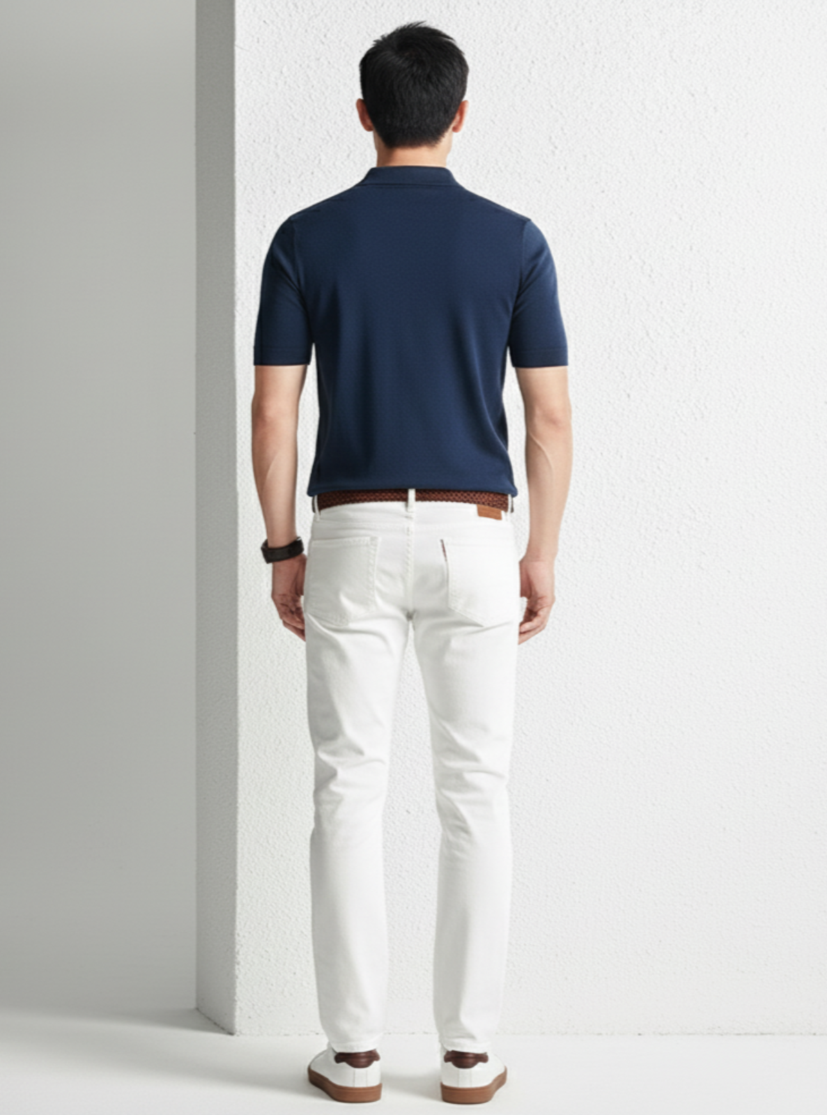 Man wearing a navy polo shirt and white pants against a light gray background