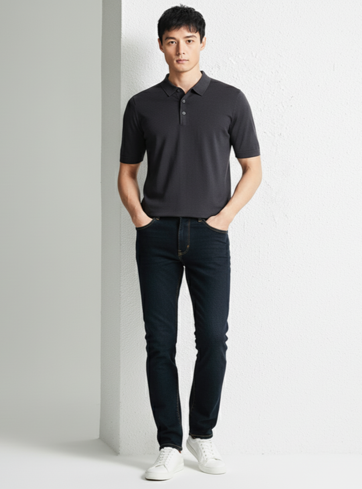 Man wearing a black polo shirt and jeans standing against a white background