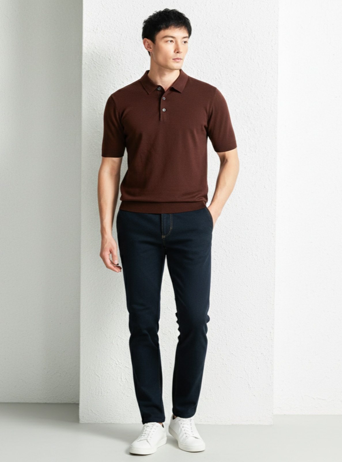 Man wearing a brown polo shirt and dark jeans against a white background