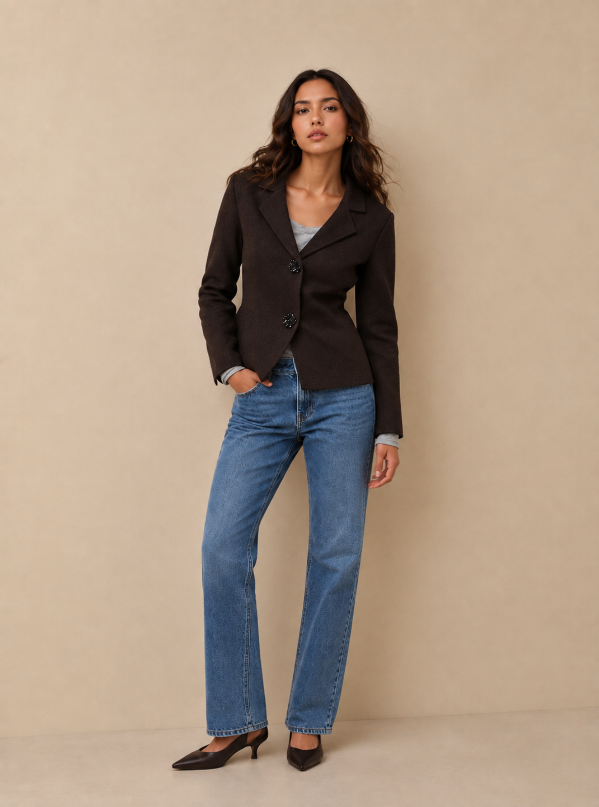 A woman modeling a dark brown double-breasted blazer, blue straight-leg jeans, a light gray top, and black pointed-toe heels against a solid beige studio backdrop.