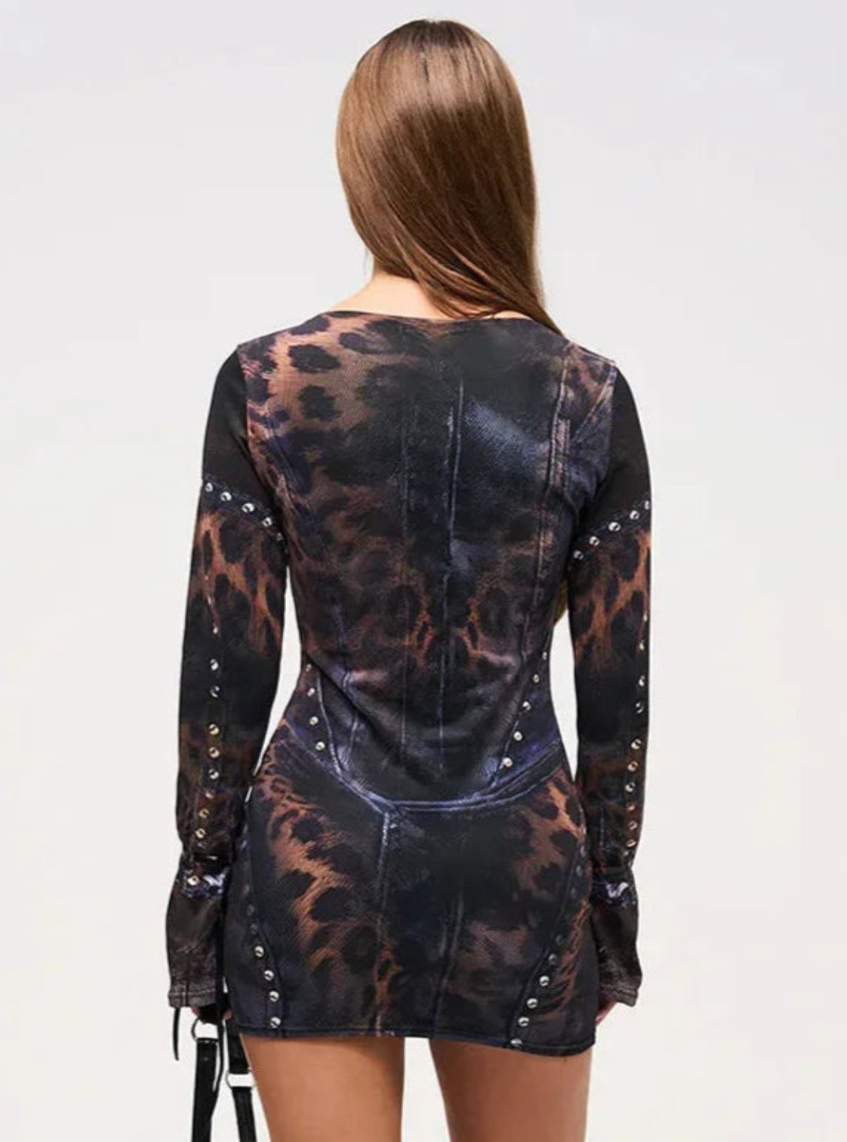 Leopard print dress with long sleeves on a white background