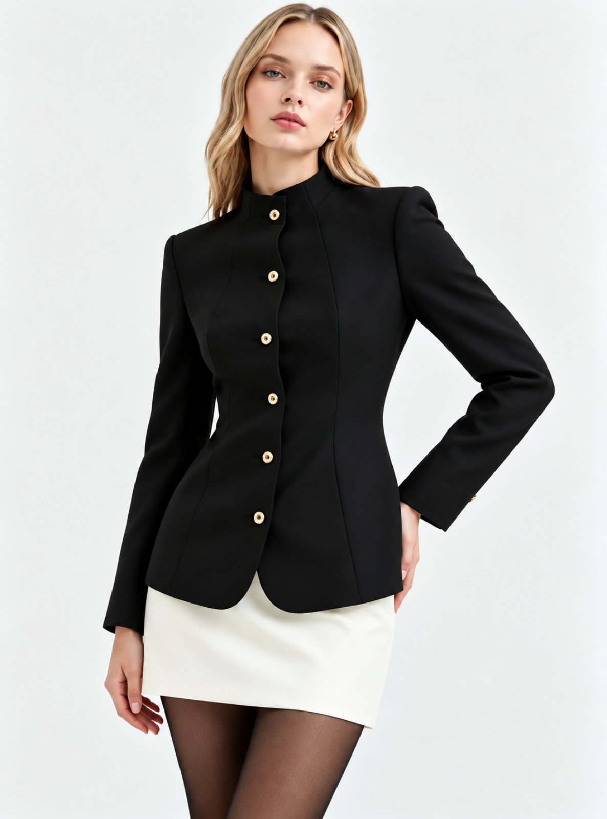 A woman modeling a structured black long-sleeve blazer with a high stand collar and gold-tone buttons down the front, paired with a white mini skirt and sheer black tights, against a light gray studio background.