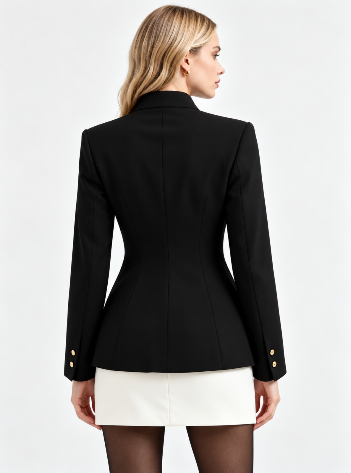 A woman shown from the back wearing a fitted black blazer with gold buttons on the cuffs and a white mini skirt, against a plain light gray studio background.