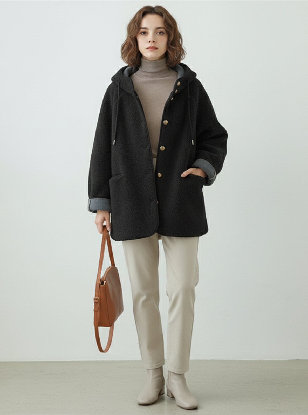 Woman wearing a black coat, beige pants, and holding a brown bag on a white background