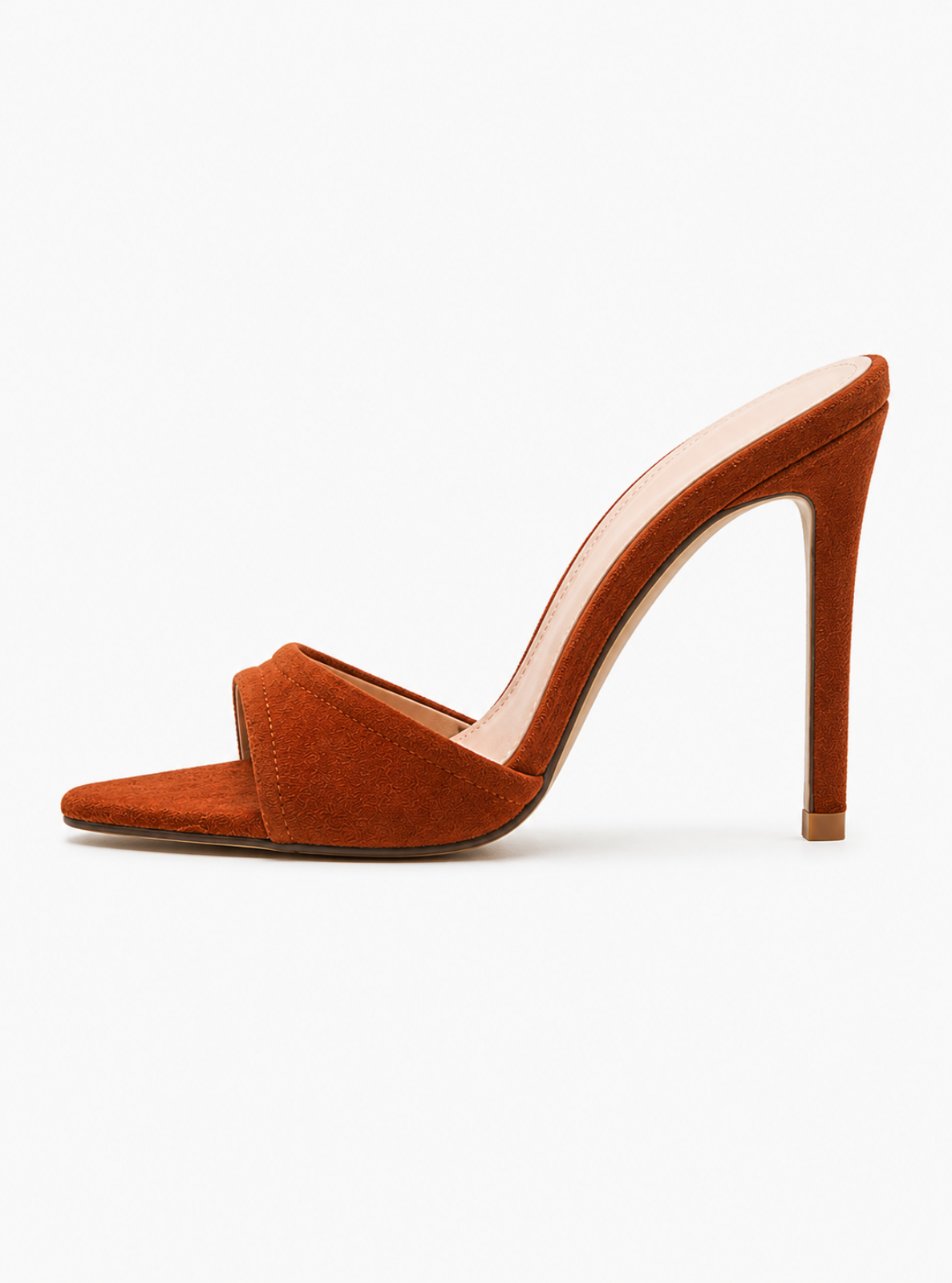 A single women's stiletto mule sandal in a warm rust-brown suede-like material, featuring a pointed toe and a slim high heel, shown against a plain white background.