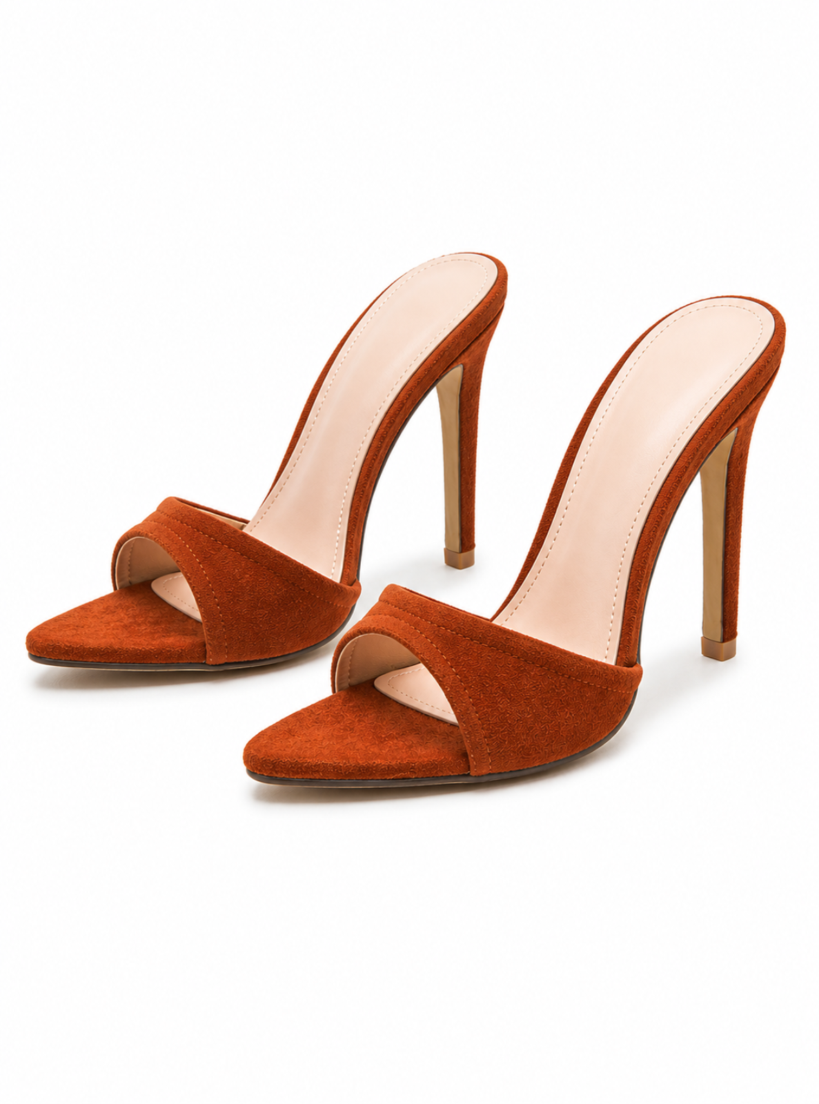 A pair of women's open-toe high-heeled mule sandals in a warm rust-brown suede-like material, featuring a slim stiletto heel and light beige insole, shown against a plain white background.