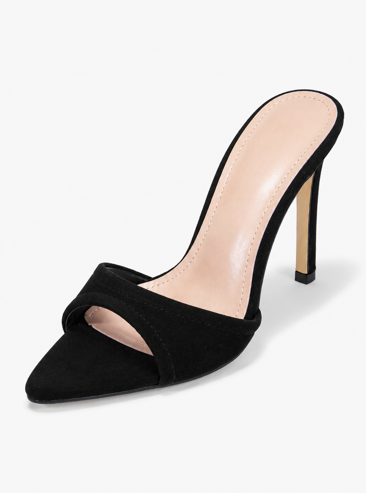 A single black pointed-toe high-heeled mule with a slingback design, shown from a three-quarters angle on a light gray background.