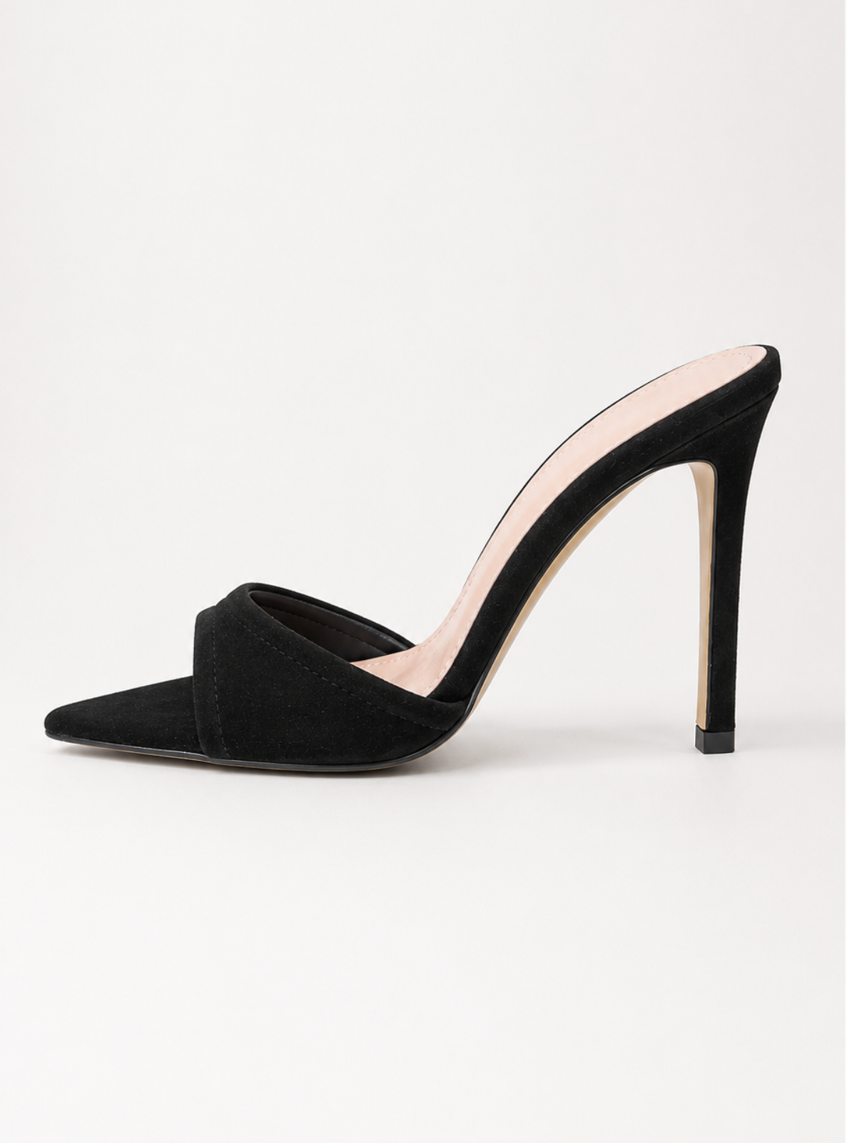 A single black pointed-toe stiletto mule with a wide slingback strap, shown in profile against a clean white background.