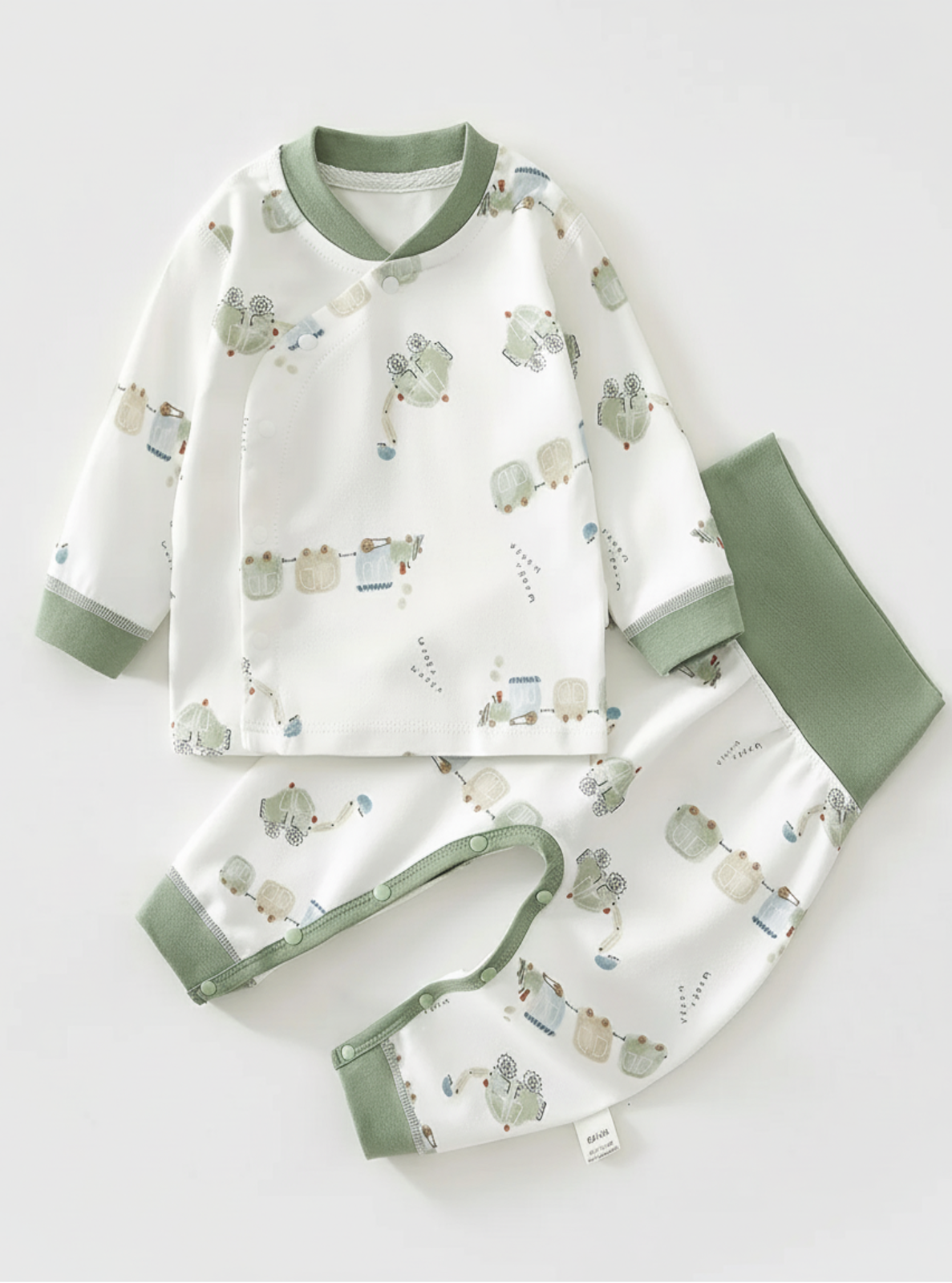 Children's pajama set with green and white pattern on a light gray background