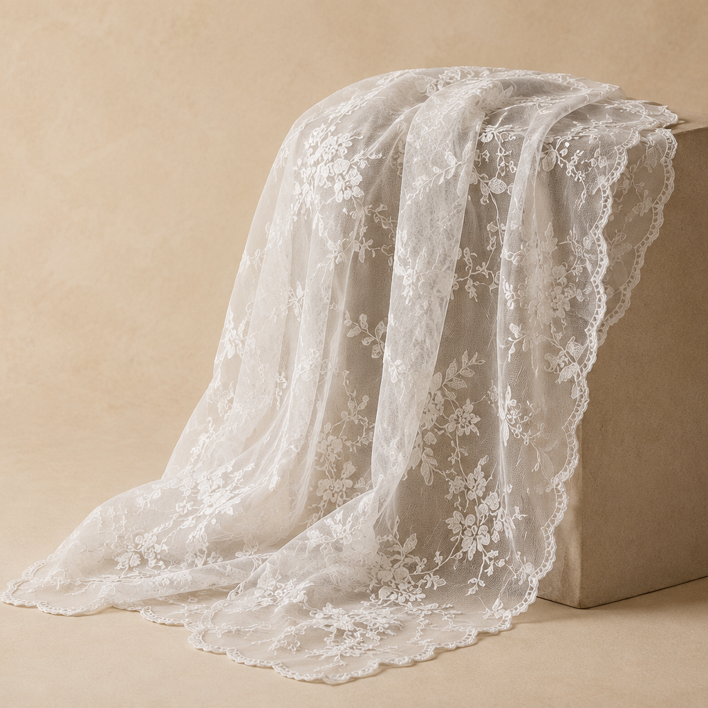 White floral lace fabric draped over a neutral beige display block against a warm beige studio background.