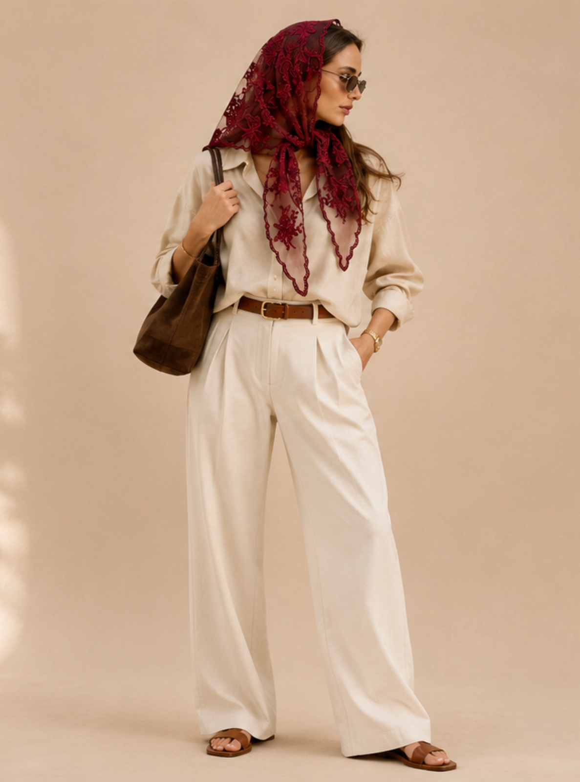 A woman wearing a beige wide-leg pants set with a cream shirt, brown belt, and a deep magenta hijab, carrying a brown shoulder bag against a warm beige background with window shadow projections.