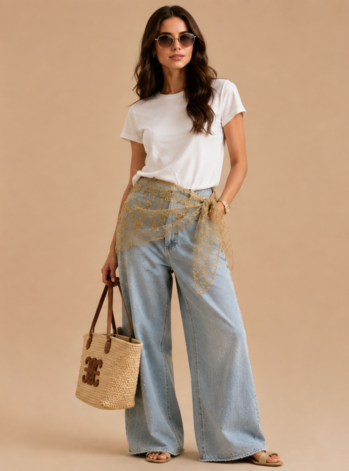 A woman stands in a studio wearing a white short-sleeve T-shirt, light blue wide-leg jeans, and a beige patterned wrap tied around her waist, holding a woven tote bag. The background is a warm beige wall with soft window shadow patterns.