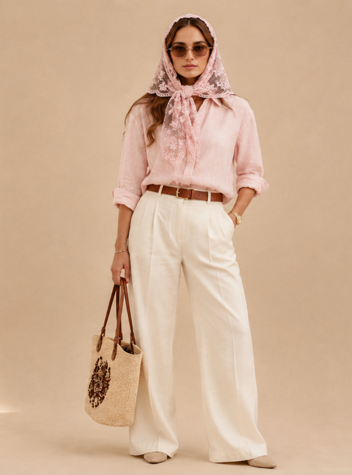 A woman stands in a studio wearing a light pink blouse, white wide-leg trousers, a brown belt, a pink patterned headscarf, sunglasses, and holding a beige tote bag. The background is a warm beige with soft window shadow patterns.