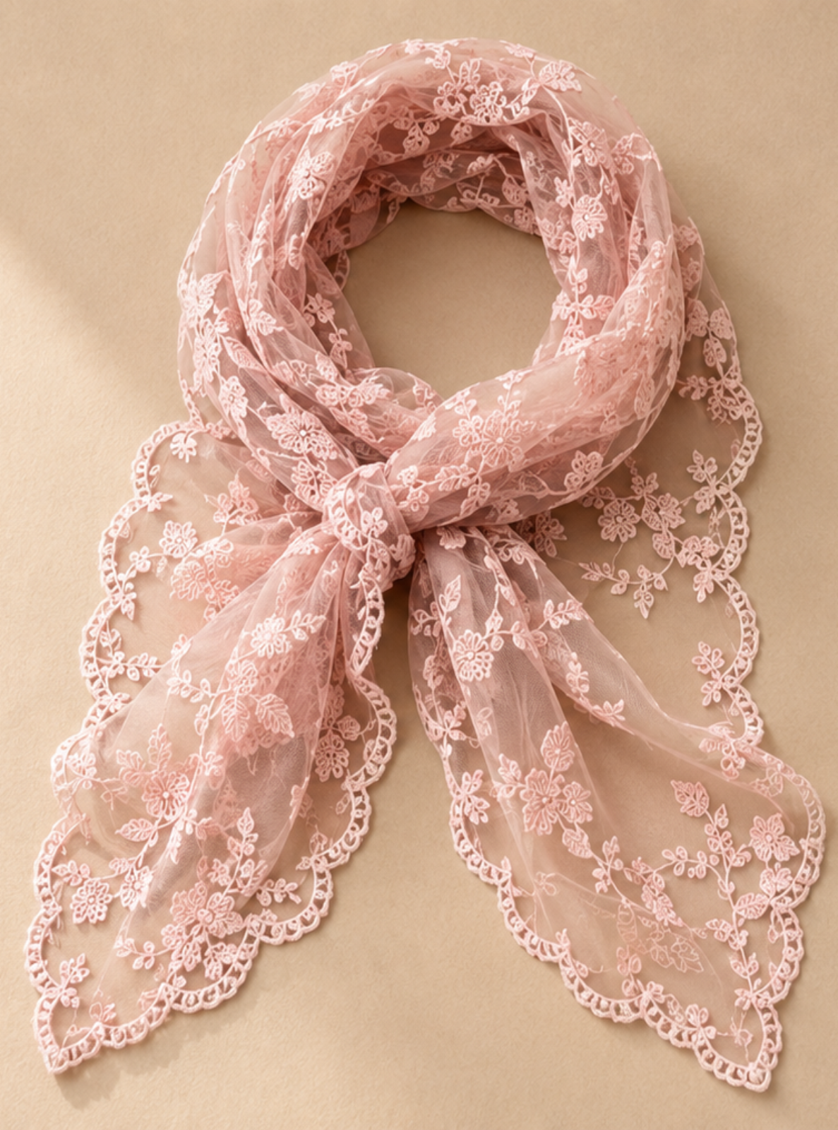 A dusty pink lace scarf with delicate floral embroidery and scalloped edges, tied in a knot and displayed on a warm beige background with soft leaf shadows.