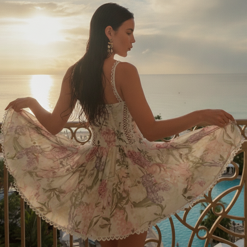 Woman in a floral dress standing on a balcony with a pool and sunset in the background