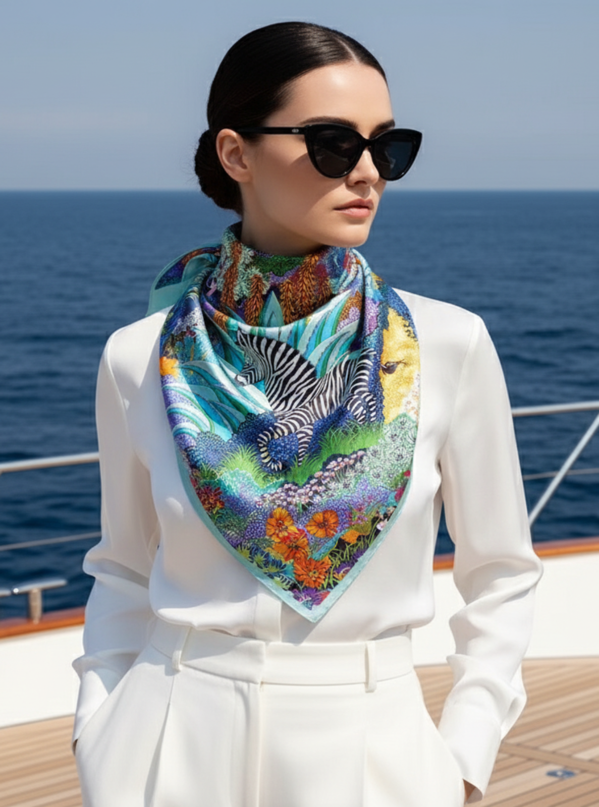 Woman wearing a colorful scarf on a boat with ocean in the background