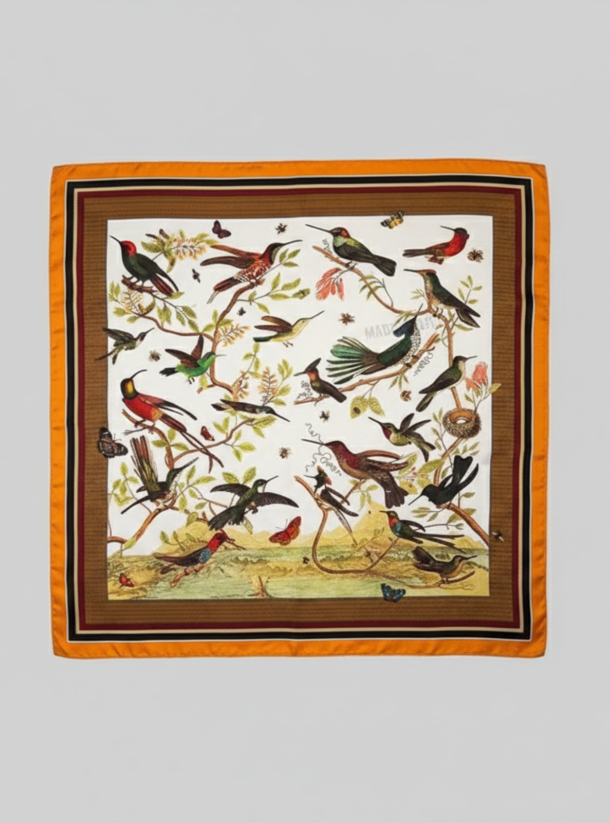Square scarf with bird pattern on a gray background