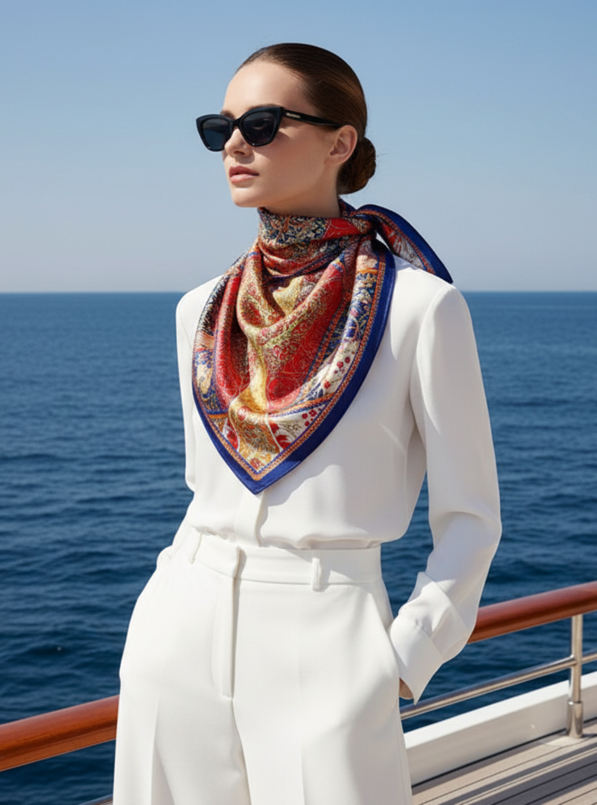 Woman wearing a colorful scarf and sunglasses on a boat with ocean in the background