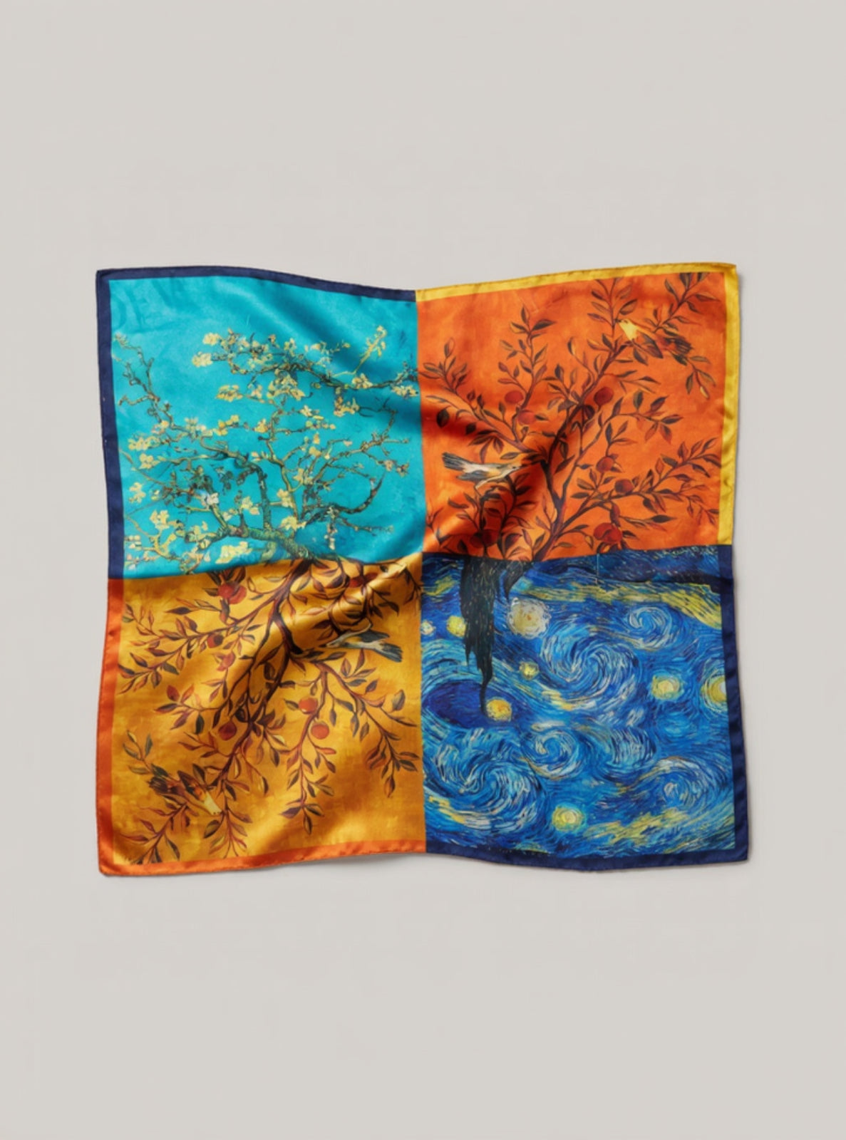 Square scarf with four different artistic designs on a light gray background