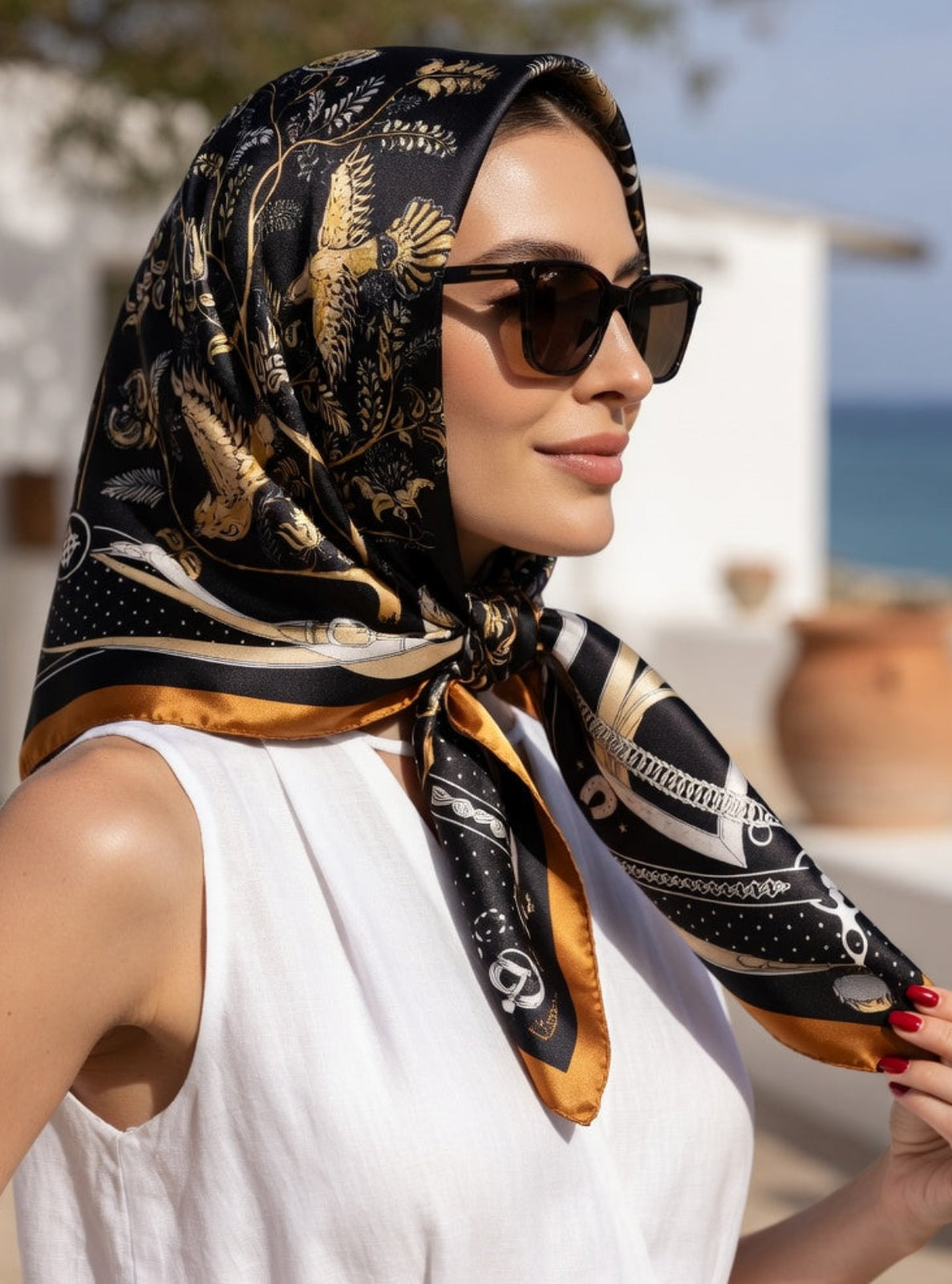 Woman wearing a patterned scarf and sunglasses outdoors with a blurred background