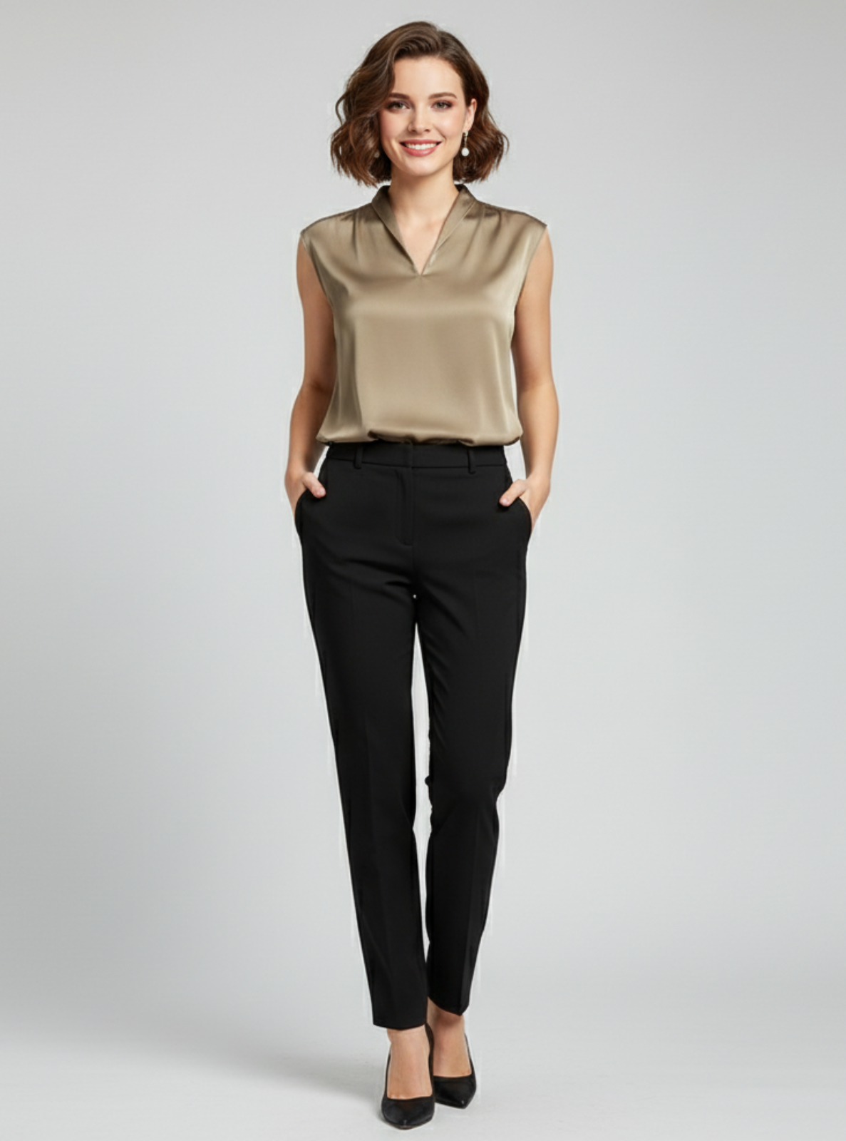 Woman wearing a beige blouse and black pants on a plain background