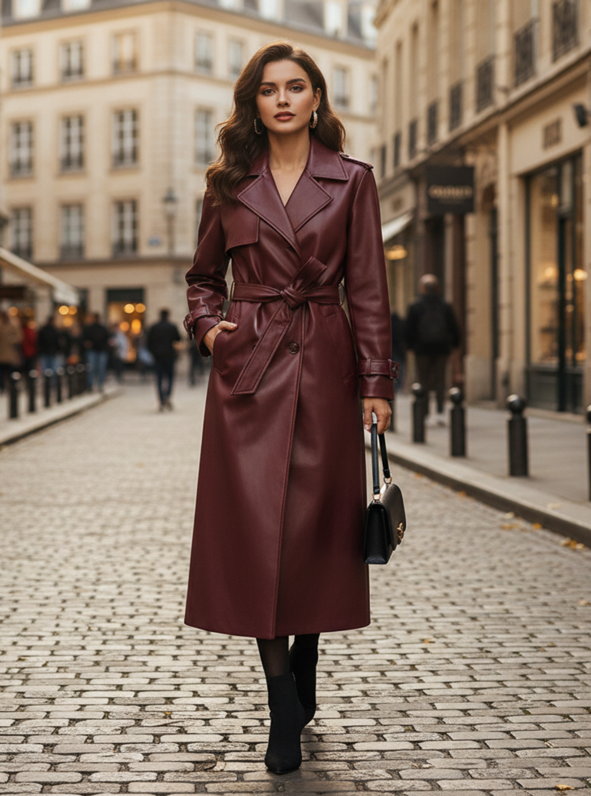 Woman in a long burgundy coat walking down a city street.