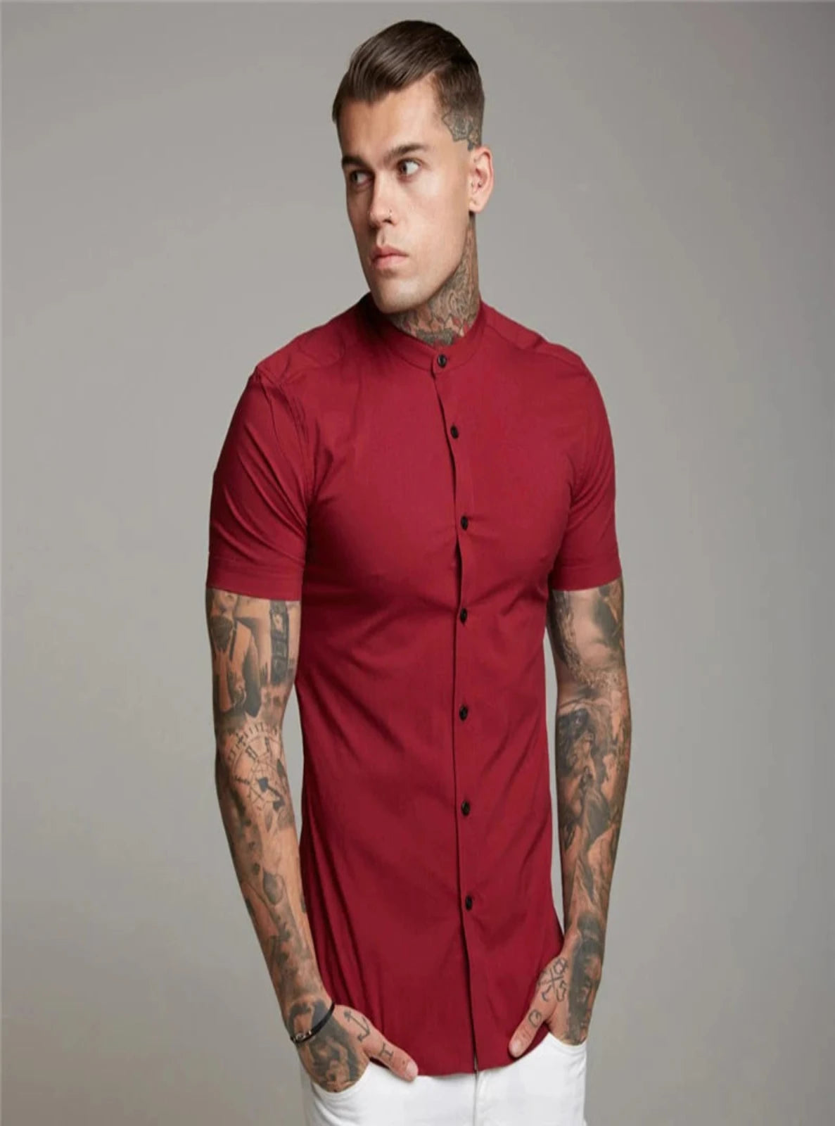 Regular Fit Lyocell Band-Collar Shirt