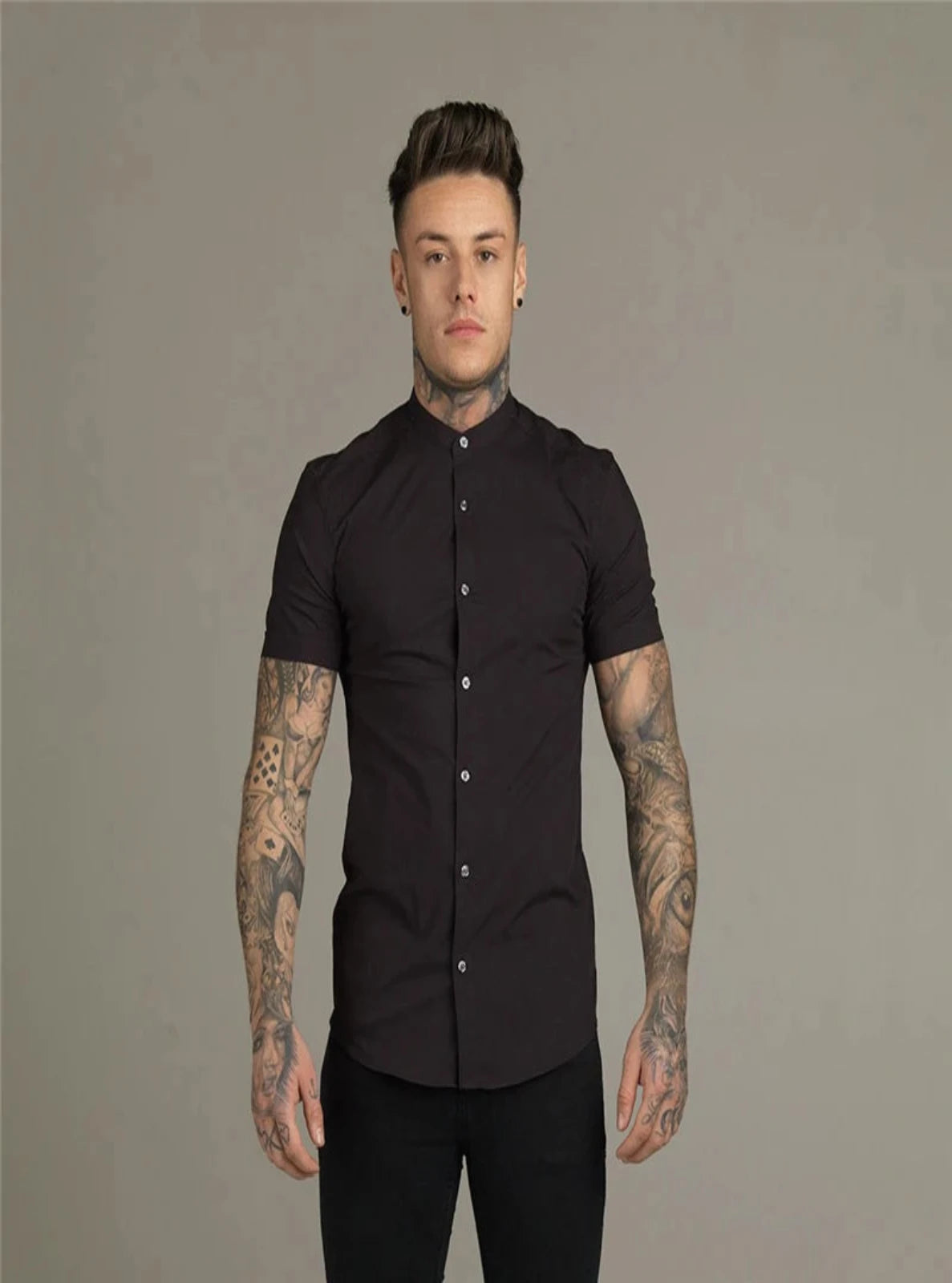 Regular Fit Lyocell Band-Collar Shirt