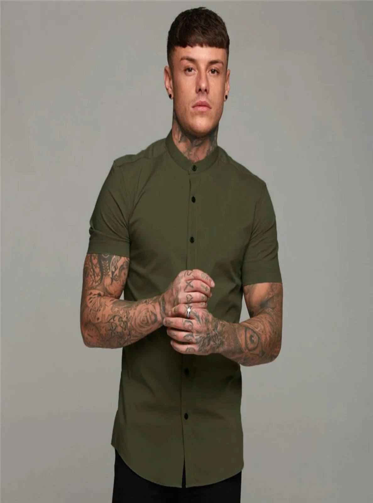 Regular Fit Lyocell Band-Collar Shirt