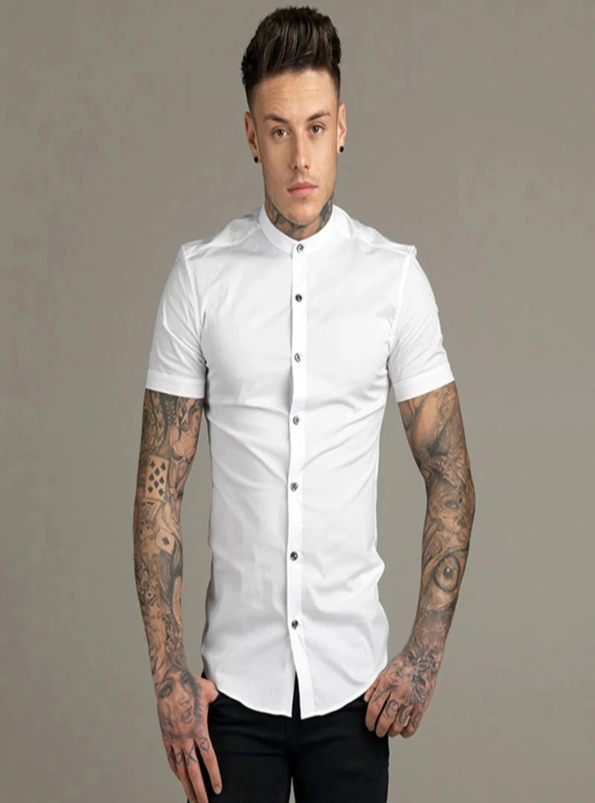 Regular Fit Lyocell Band-Collar Shirt