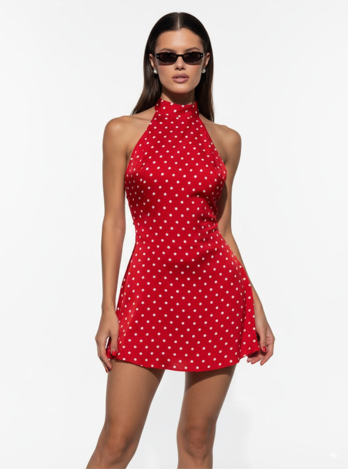 Woman wearing a red polka dot dress on a white background
