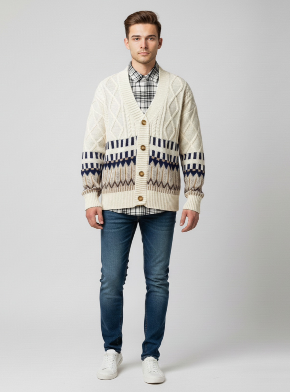 Man wearing a patterned cardigan, checkered shirt, and jeans on a plain background