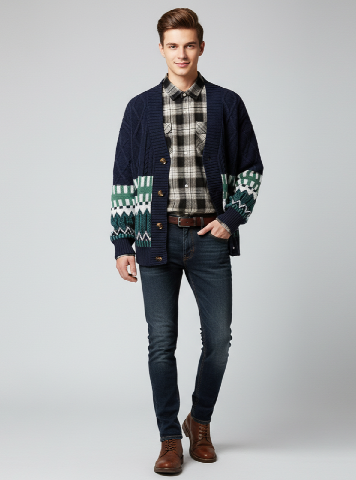 Man wearing a navy cardigan with green patterns, plaid shirt, jeans, and brown boots on a gray background