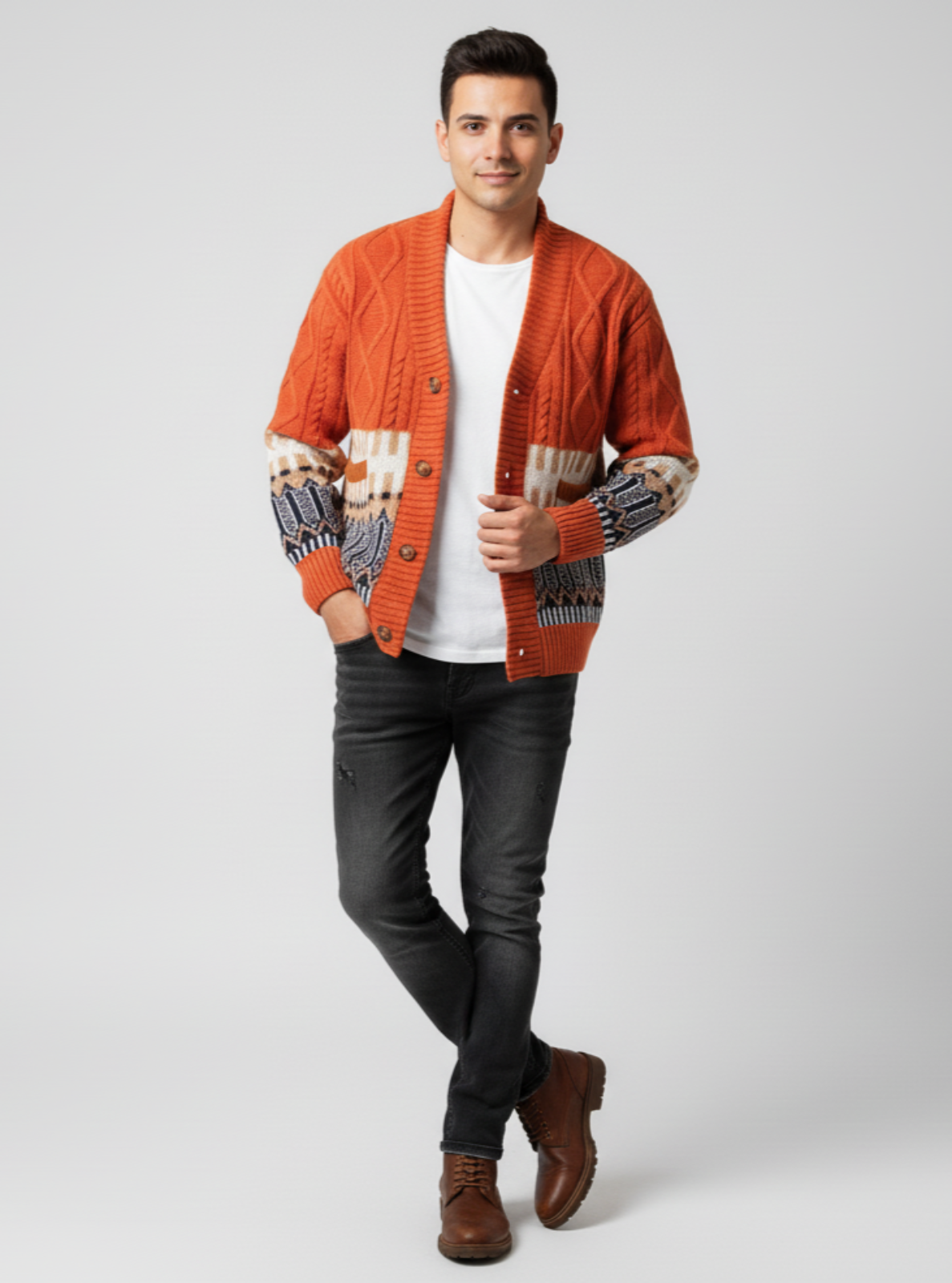 Man wearing an orange cardigan with patterned sleeves on a white background