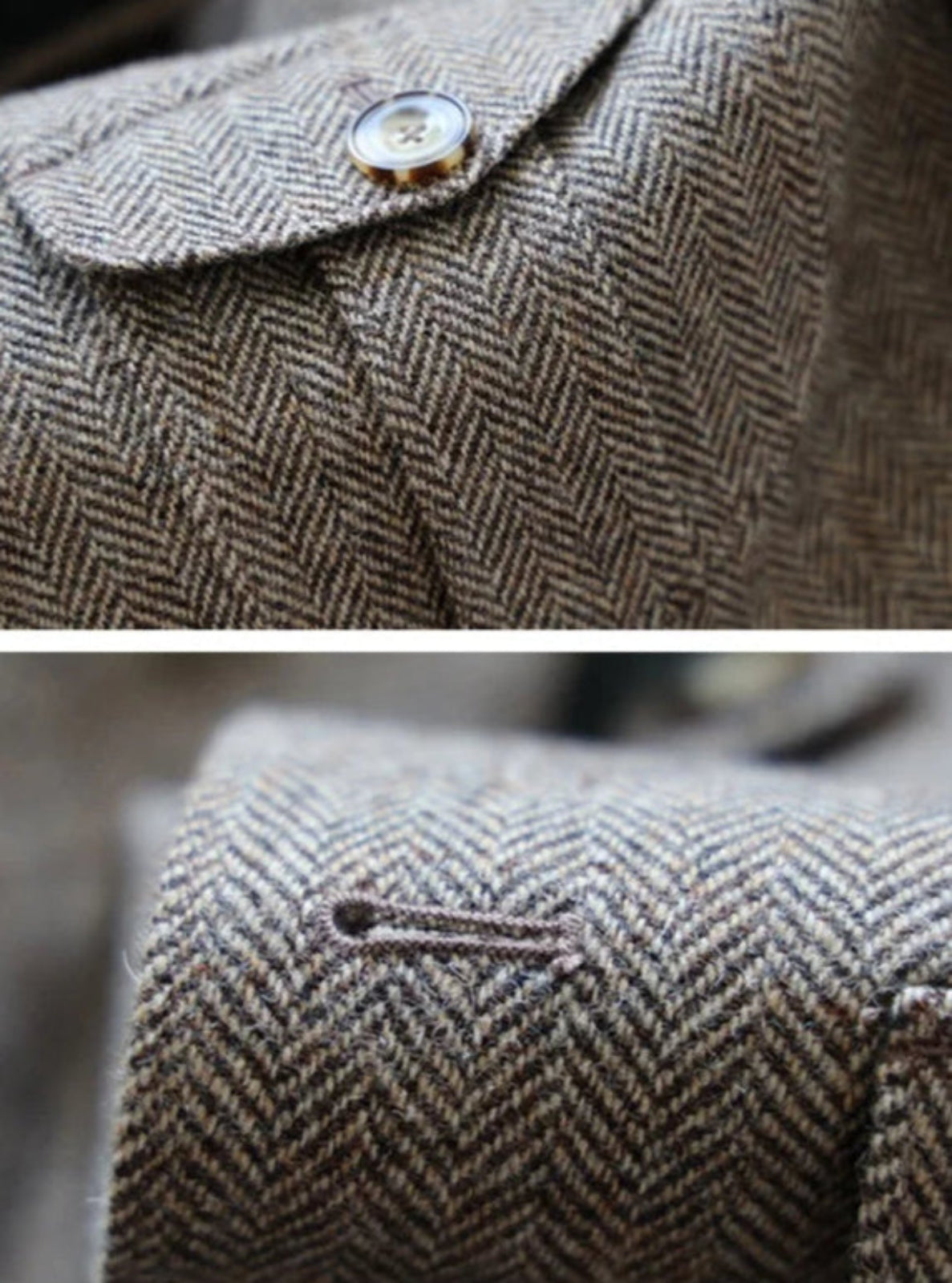 Close-up of a textured fabric with a button and herringbone pattern.