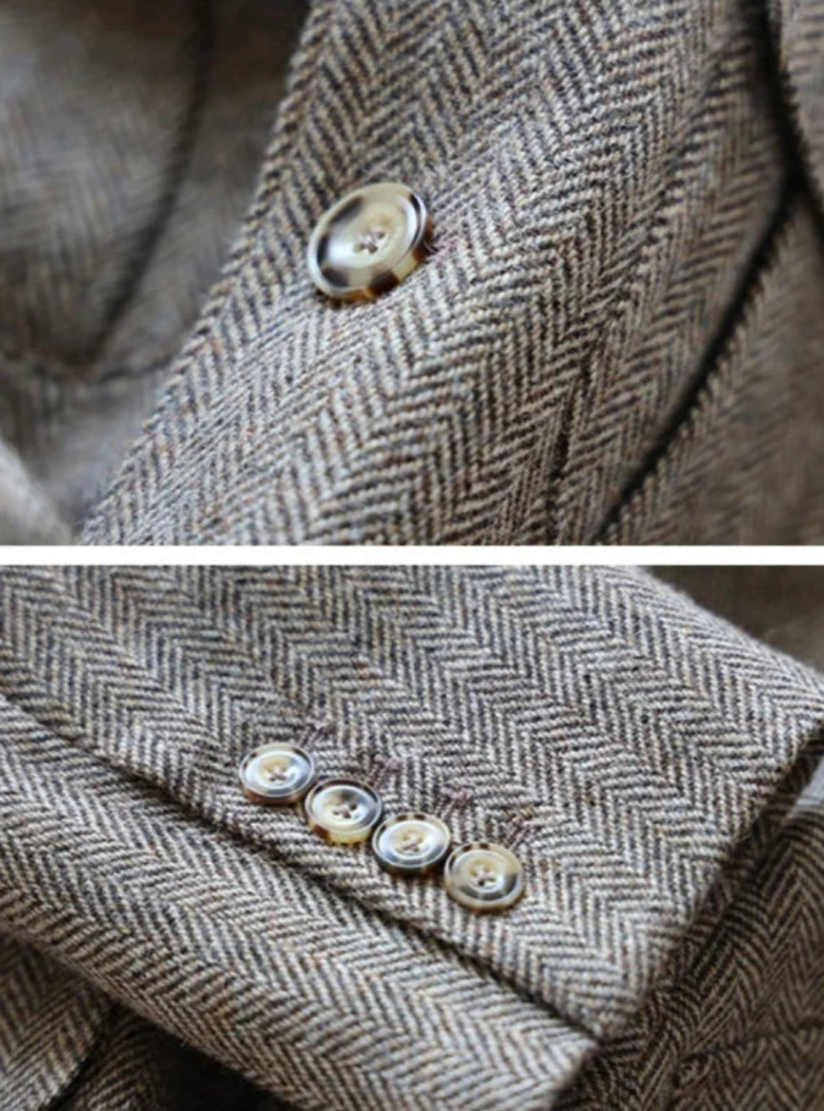 Close-up of a textured fabric with buttons on a brown and gray patterned garment.
