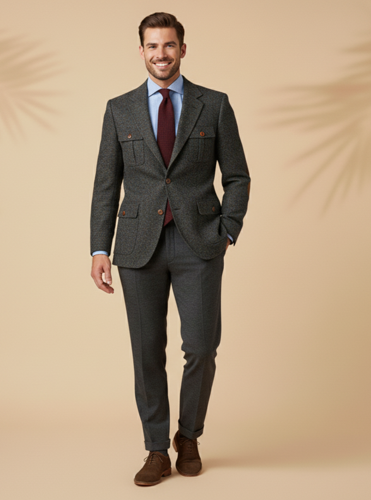 Man wearing a gray suit with a red tie against a beige background