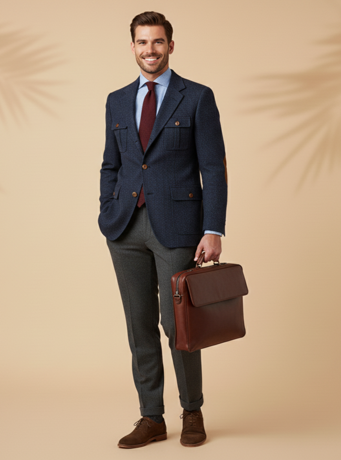 Man in a suit holding a briefcase against a beige background