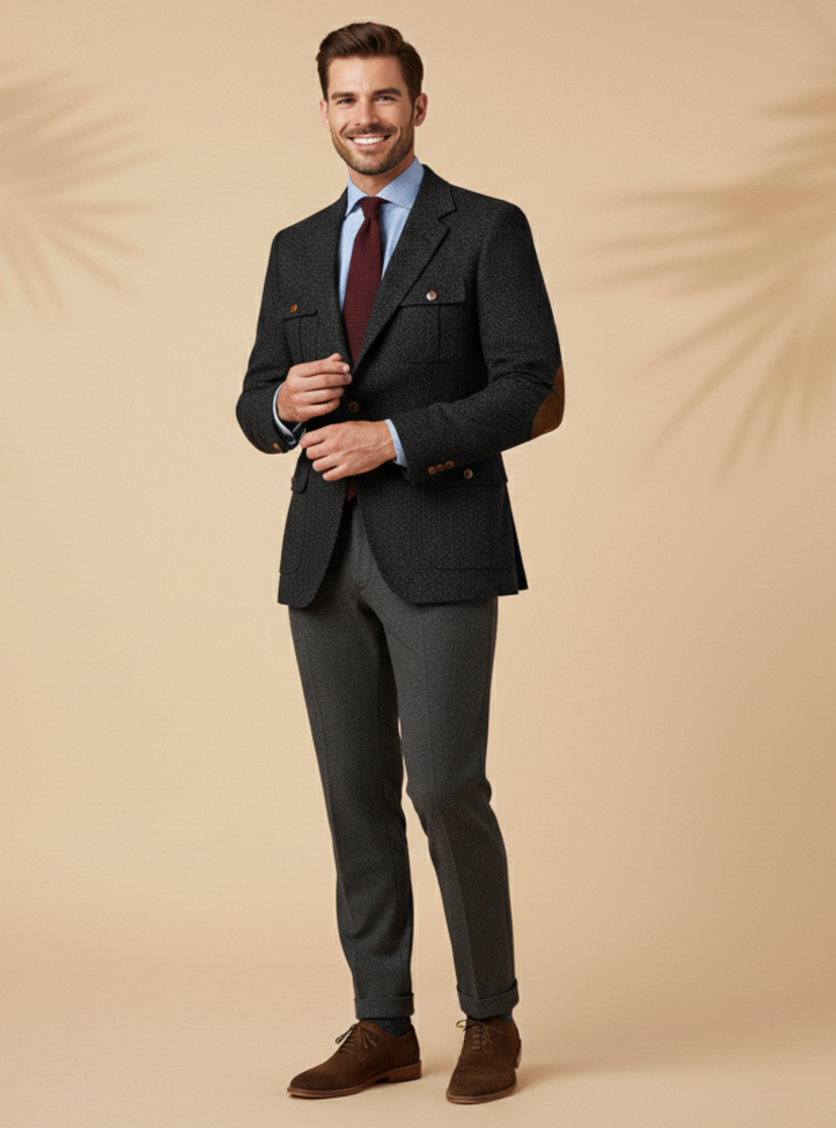 Man wearing a gray suit with a red tie against a beige background