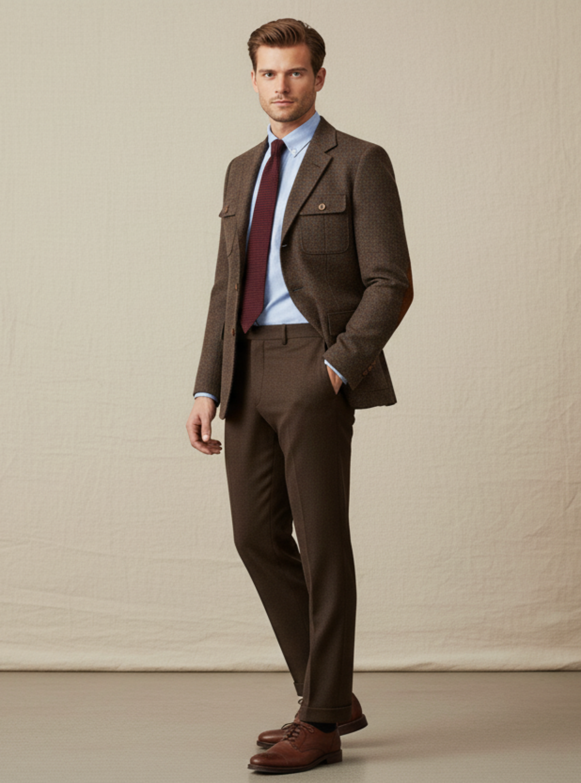 Man wearing a brown suit with a red tie against a beige background