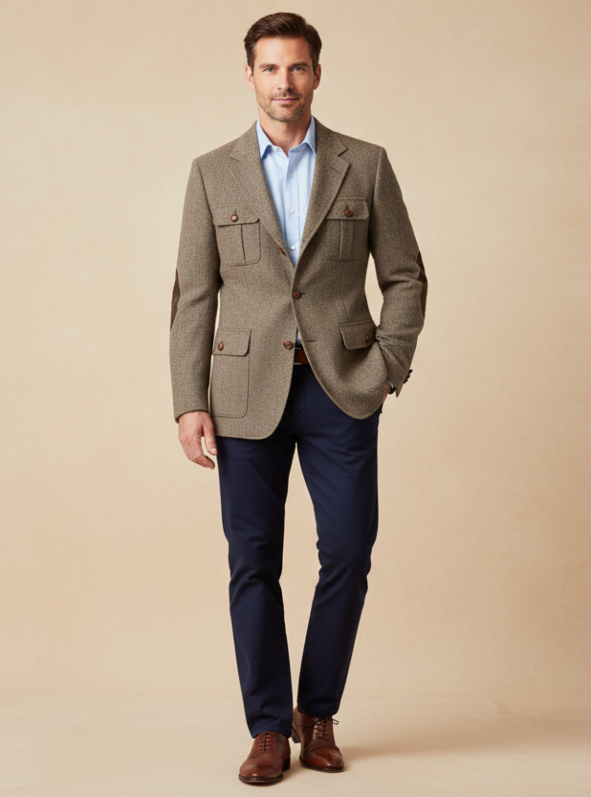 Man wearing a green blazer, blue shirt, and dark pants against a beige background